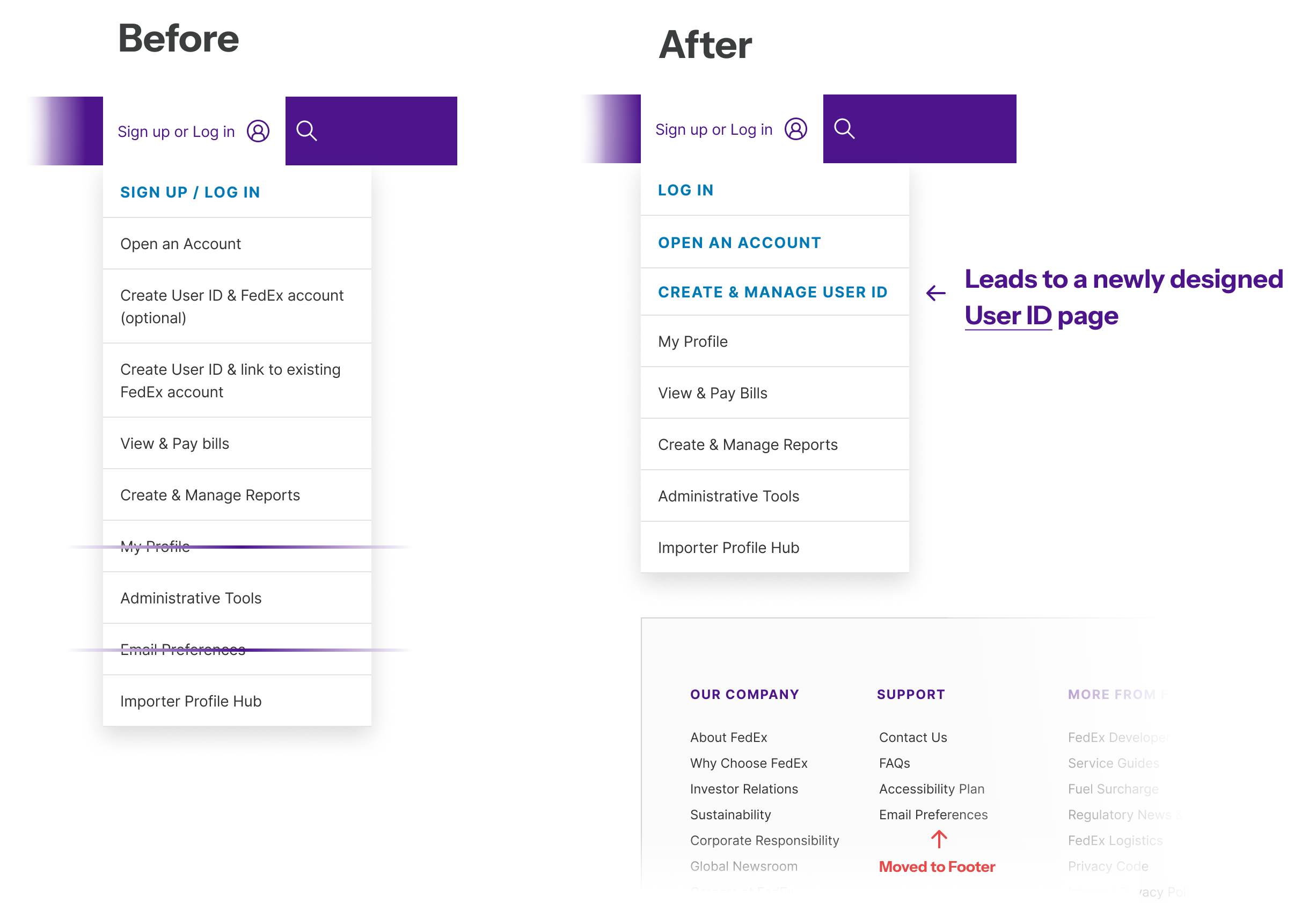 FedEx navigation before and after comparison